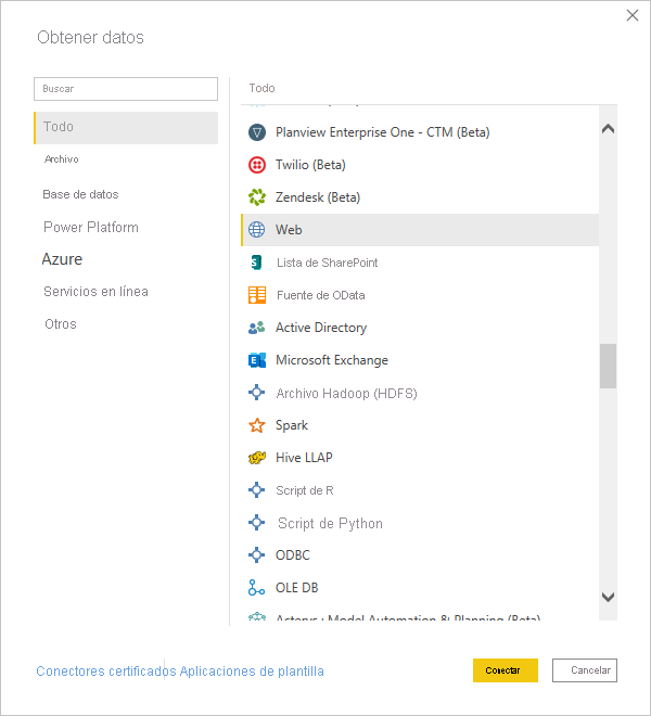 Captura de pantalla de Power BI Desktop en la que se muestra la herramienta Obtener datos.