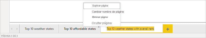 Captura de pantalla de Power BI Desktop en la que se muestra la barra Páginas.