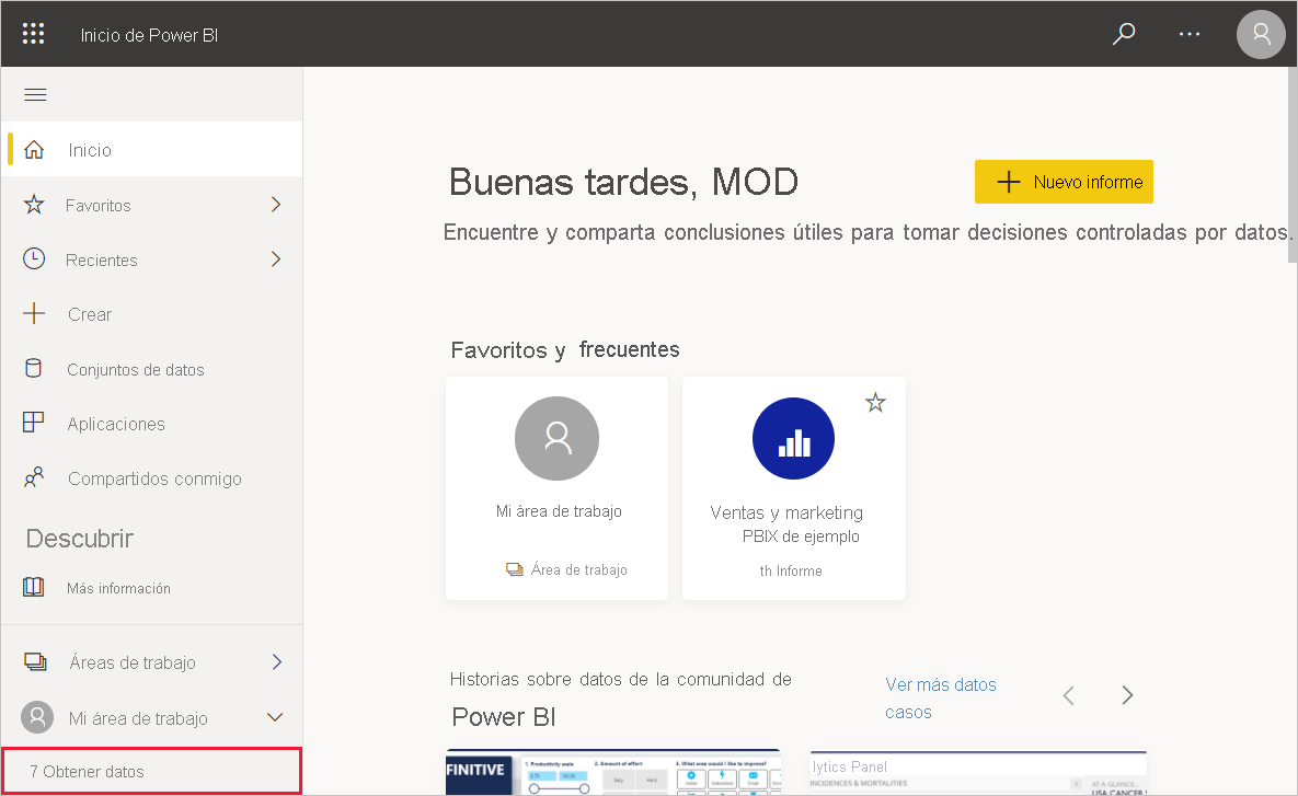 Captura de pantalla de Power BI Desktop en la que se muestra la opción Obtener datos.