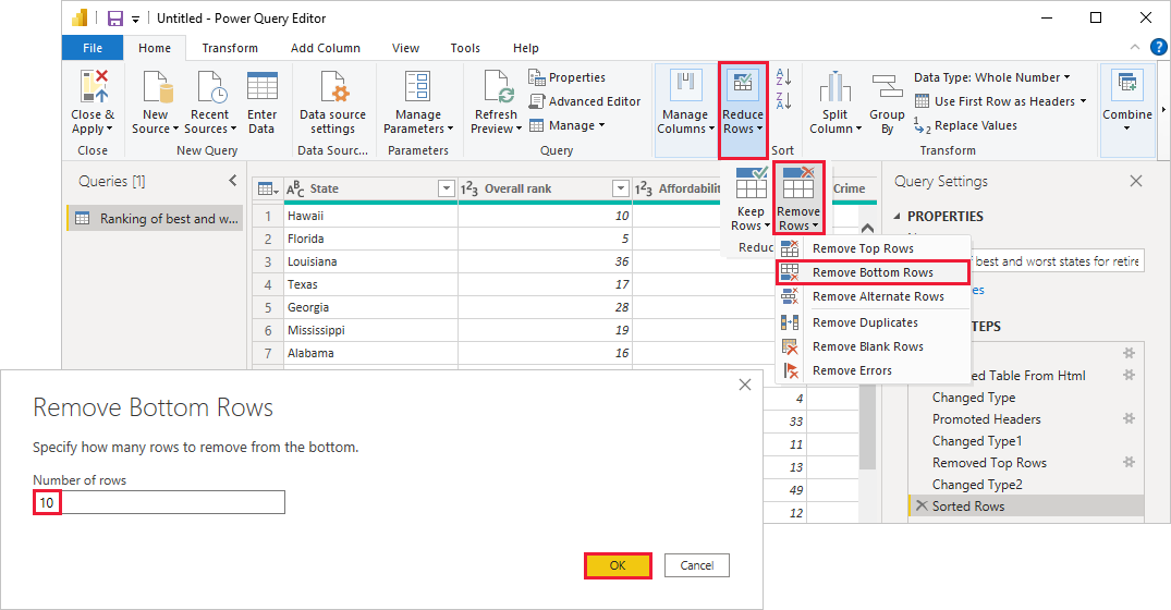 Captura de pantalla de Power BI Desktop en la que se muestra el cuadro de diálogo Quitar filas inferiores.