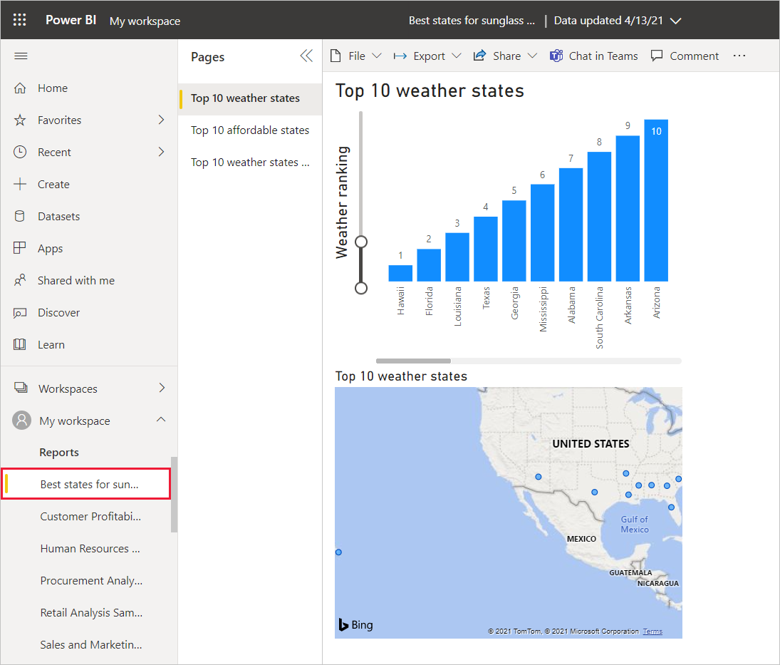 Captura de pantalla de Power BI Desktop en la que se muestra un archivo importado en Power BI.