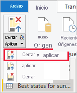 Captura de pantalla de Power BI Desktop en la que se muestra la opción Cerrar y aplicar cambios.