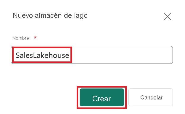 Captura de pantalla de asignación de nombre a un Lakehouse.