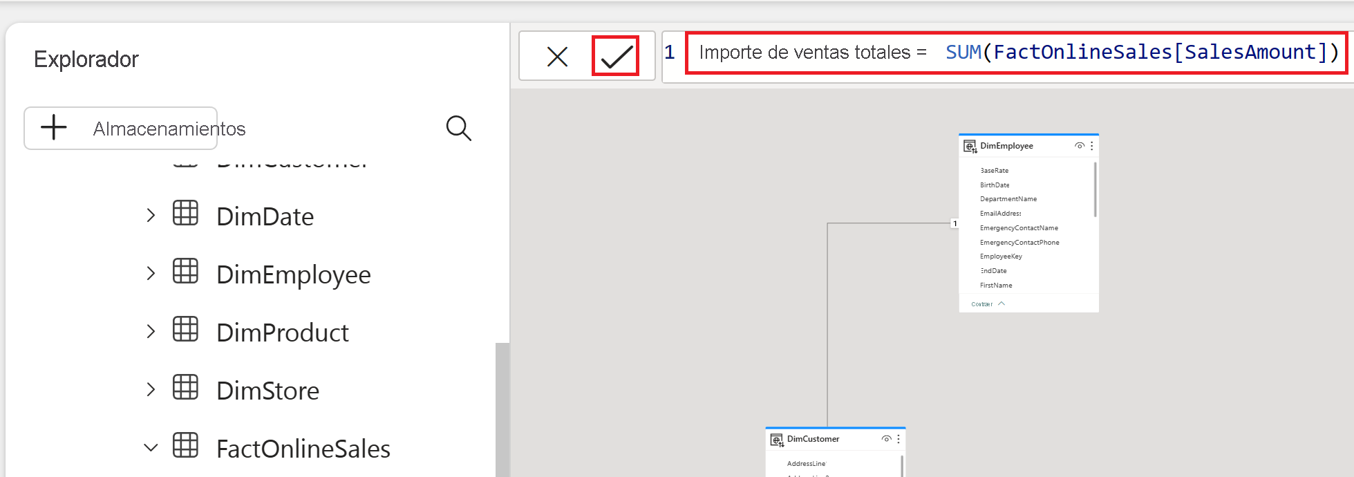 Captura de pantalla de la activación de la casilla de verificación para confirmar una medida de DAX.