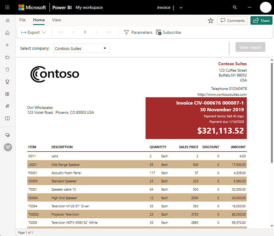 Captura de pantalla que muestra un informe paginado en el servicio Power BI.