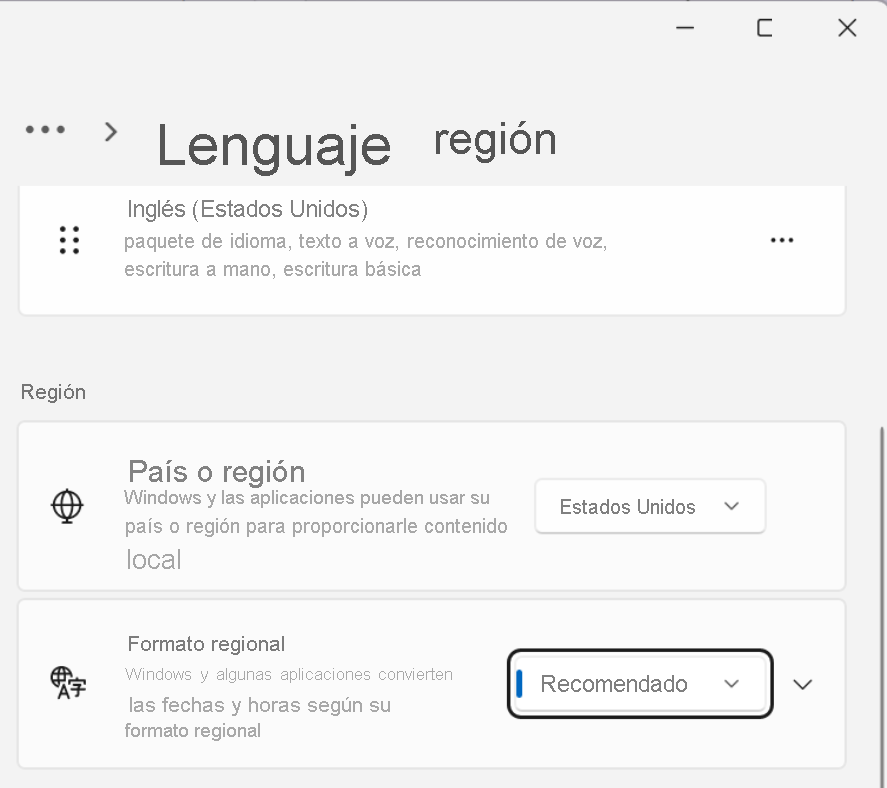 Recorte de pantalla que muestra la configuración regional, hora y fecha adicionales.