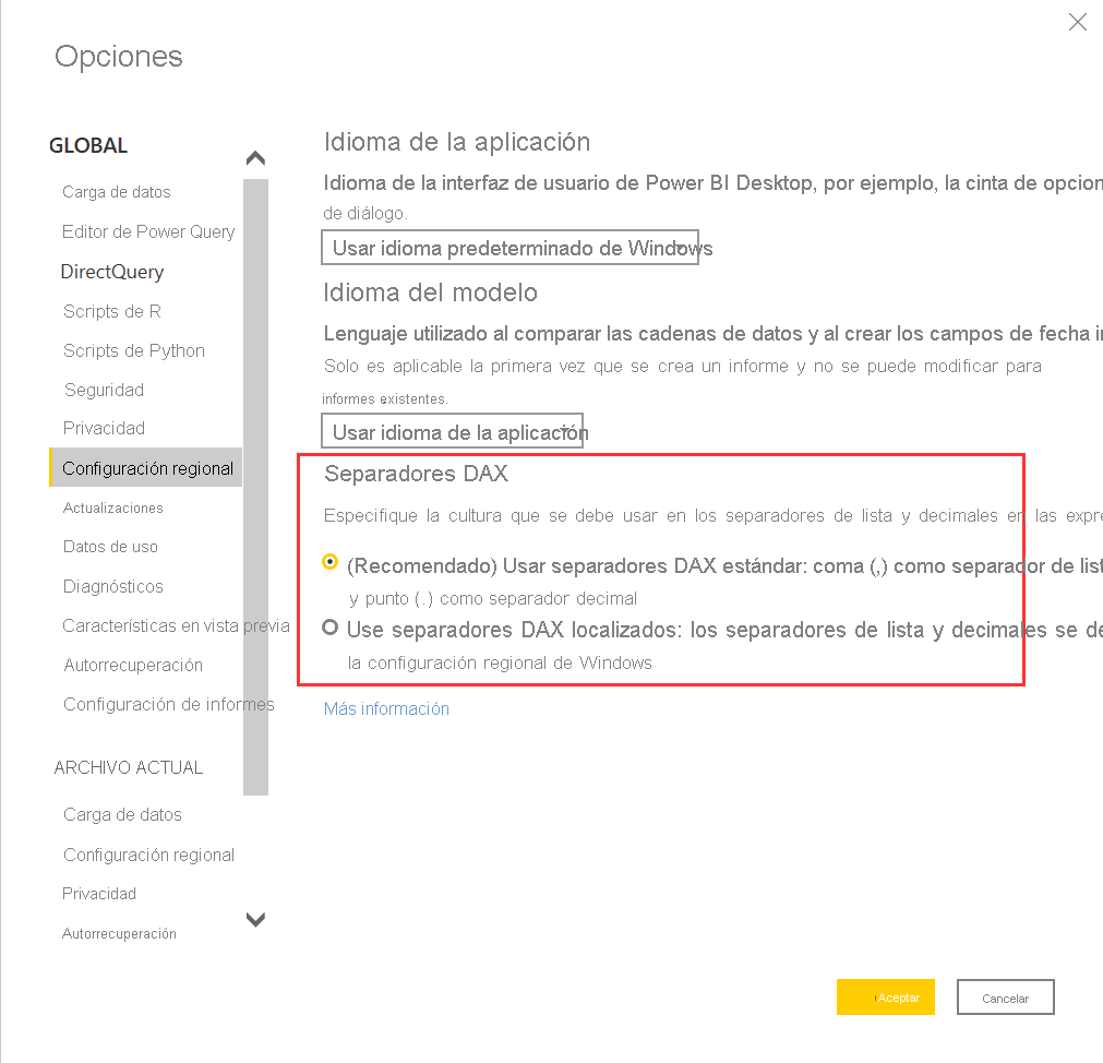 Recorte de pantalla de Power BI Desktop en la que se muestra cómo elegir los separadores DAX.