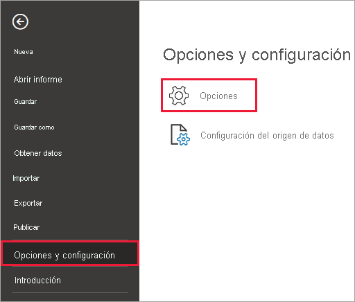 Captura de pantalla de Power BI Desktop en la que se muestra el botón Opciones.