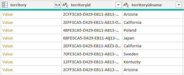 Captura de pantalla que muestra una vista previa de los datos de la tabla de cuentas de tres columnas de territorio.