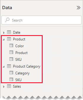 En el panel de datos se muestran las dos tablas expandidas y las columnas se muestran como campos con Producto y Categoría de producto resaltados.