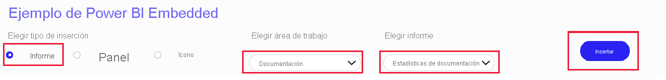 Captura de pantalla que muestra la aplicación de ejemplo para la inserción en Power BI.