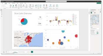 Captura de pantalla en la que se muestra el Ejemplo de análisis de ventas al por menor abierto en la vista de informe del servicio Power BI.