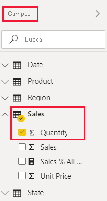 Captura de pantalla del campo Quantity del servicio Power BI en la tabla Sales del informe US Sales Analysis.