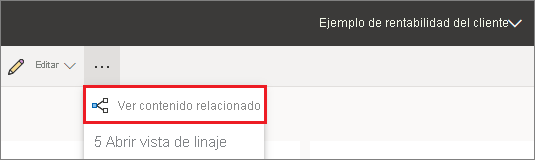 Captura de pantalla del servicio Power BI donde se resalta el icono Más opciones y la opción Ver contenido relacionado.