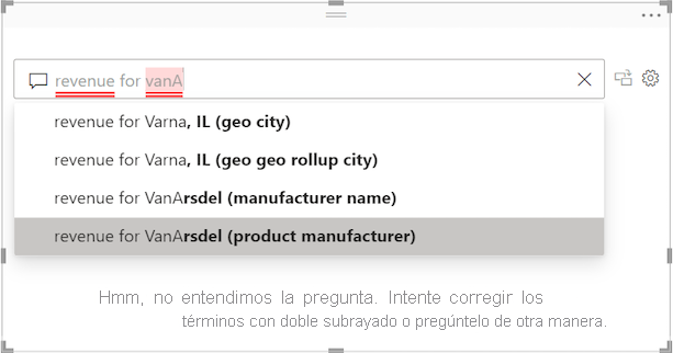 Captura de pantalla del campo pregunta de preguntas y respuestas. Las palabras no reconocidas se subrayan en rojo.