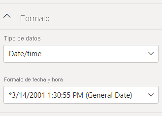 Screenshot showing the Formatting panel with the Data type and Date time format selected.