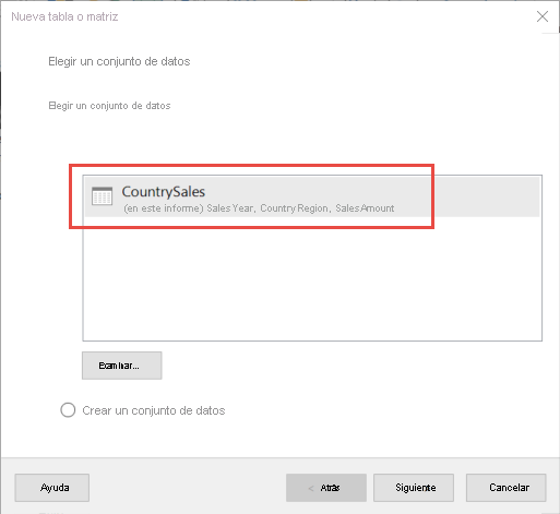 Captura de pantalla del cuadro de diálogo Elegir un conjunto de datos.