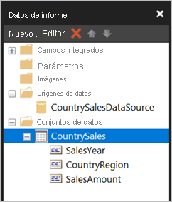 Captura de pantalla de los conjuntos de datos en el panel Datos de informe.