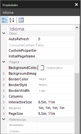 Captura de pantalla del panel Propiedades del informe.