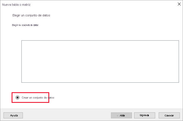 Captura de pantalla que muestra dónde encontrar la opción Crear un conjunto de datos.