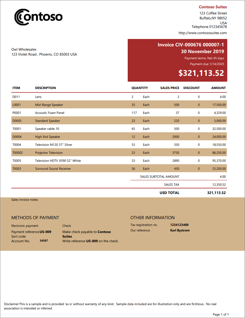 Captura de pantalla del ejemplo de informe paginado de Power BI relativo a una factura.