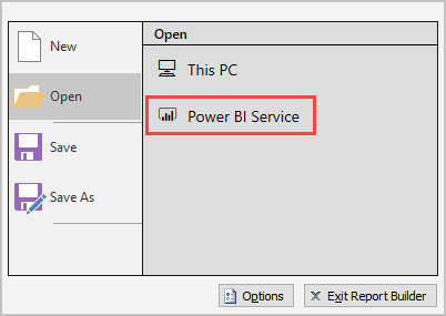 Captura de pantalla que muestra la opción para abrir desde el servicio Power BI.