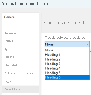 Captura de pantalla de la selección de un nivel de encabezado de H1 a H6.