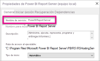 Propiedades del servicio de Windows del servidor de informes