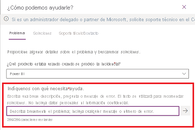 Captura de pantalla de la pantalla How can we help (Cómo podemos ayudar), en la que se muestra dónde encontrar el campo de descripción del problema.