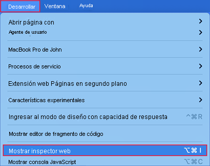 Screenshot of the Develop menu with Show Web Inspector selected.