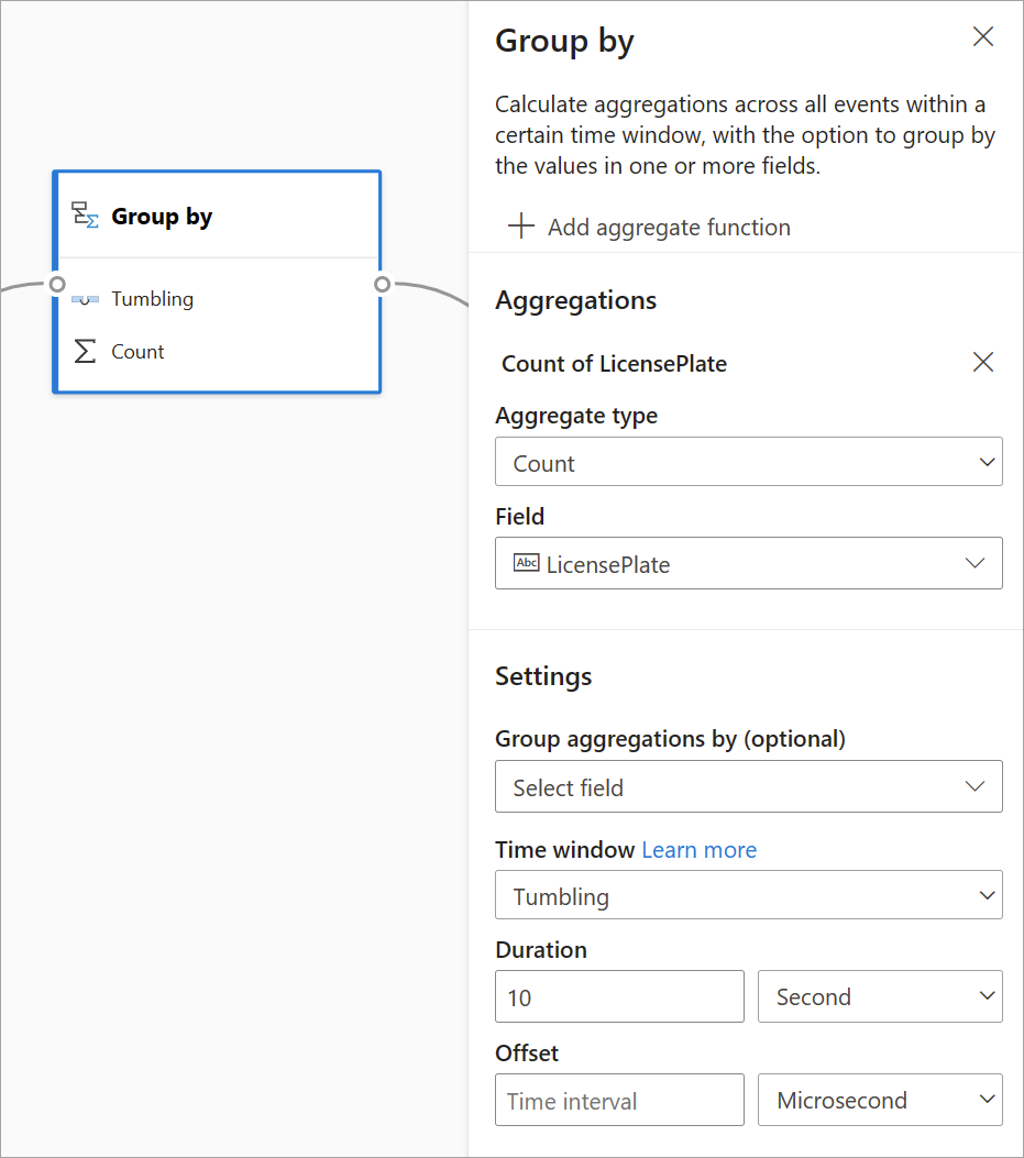 Captura de pantalla de la tarjeta Agrupar por con el panel de configuración abierto.