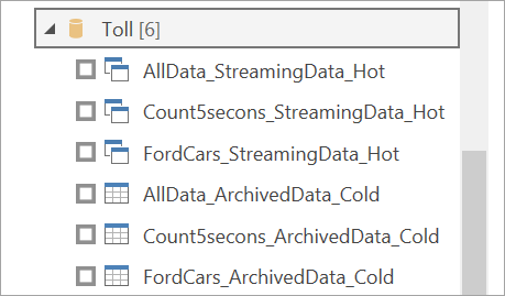 Captura de pantalla de una lista de tablas de salida en el flujo de datos Peaje.