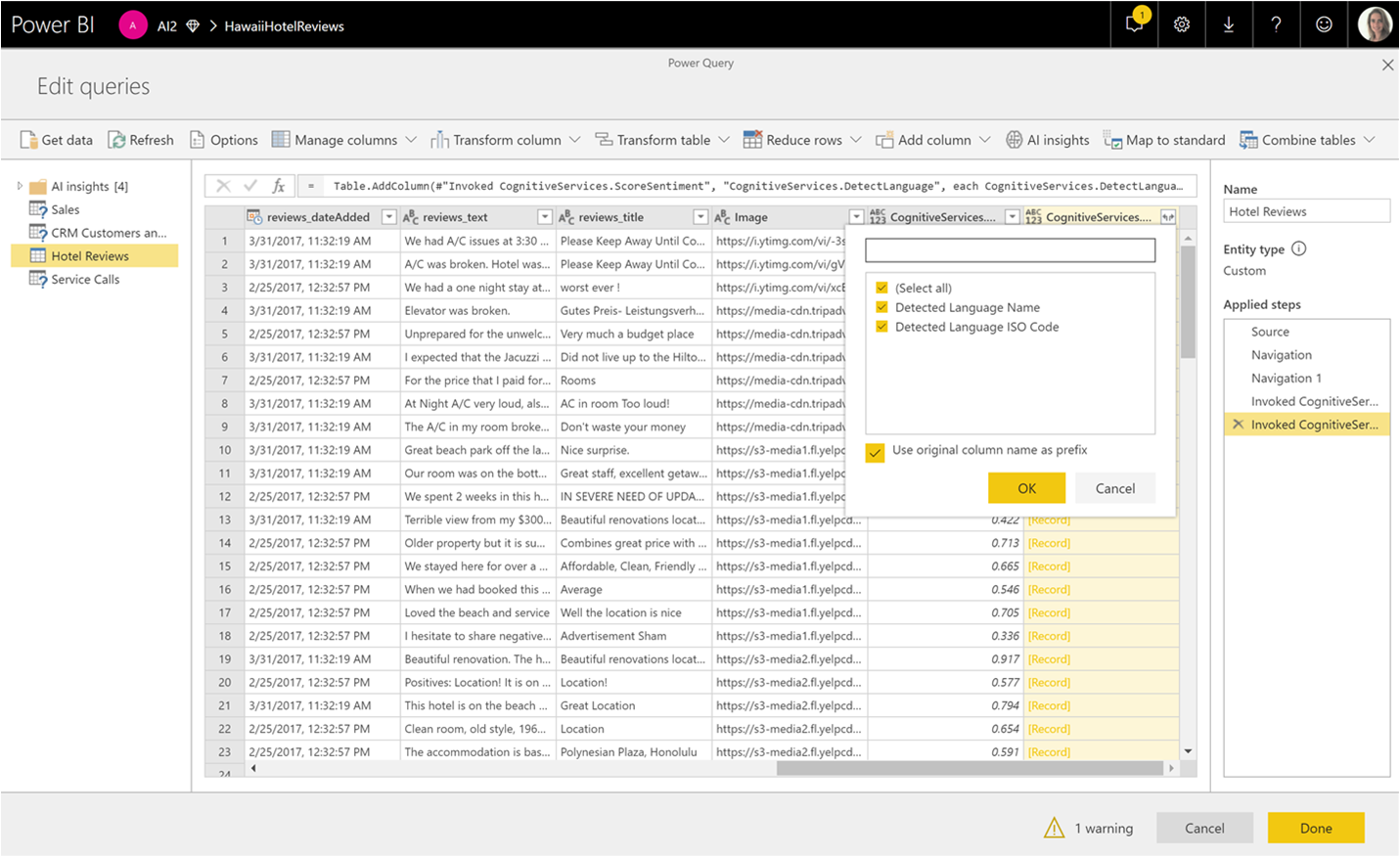 Captura de pantalla de la opción Expandir columna seleccionada en la parte superior de una columna de Power Query.