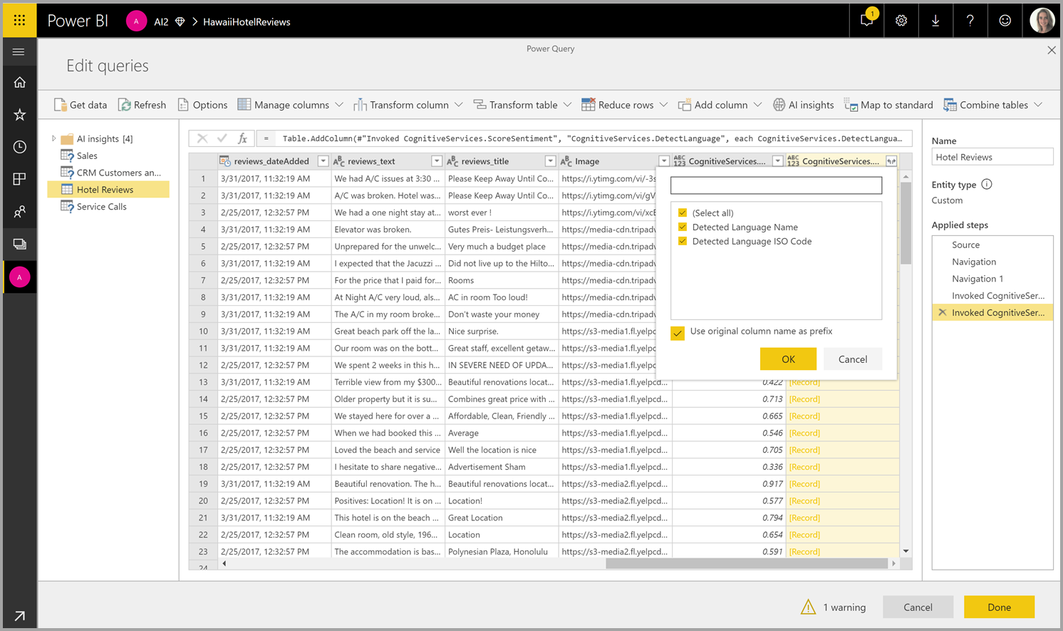 Captura de pantalla de la opción Expandir columna seleccionada en la parte superior de una columna de Power Query.