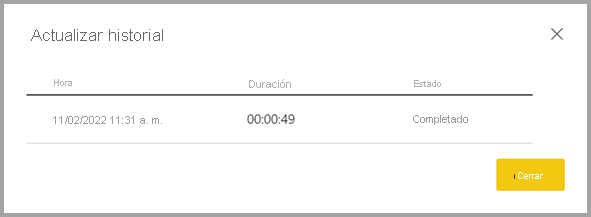 Captura de pantalla de la ventana del historial de actualización de datamart.