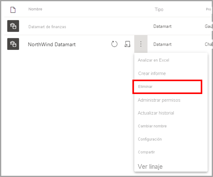 Captura de pantalla de la eliminación de un datamart del área de trabajo.