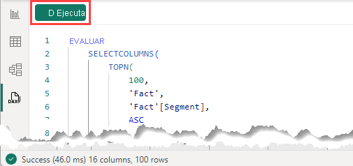 Captura de pantalla de la barra de comandos de la vista de consultas DAX.