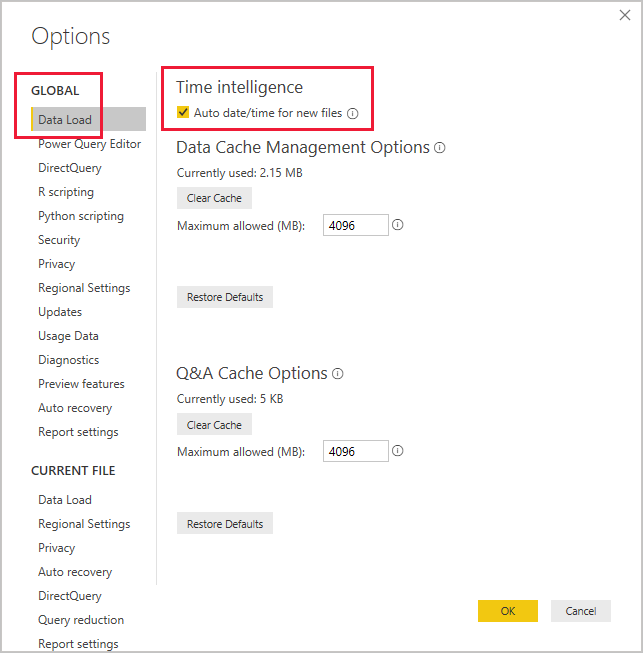 Captura de pantalla del cuadro Opciones de Power BI Desktop.