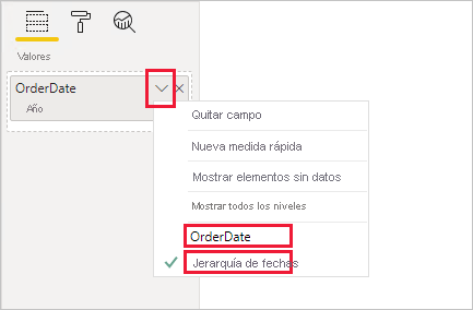 Captura de pantalla en la que se muestra un ejemplo de una configuración de campo visual para la jerarquía OrderDate.