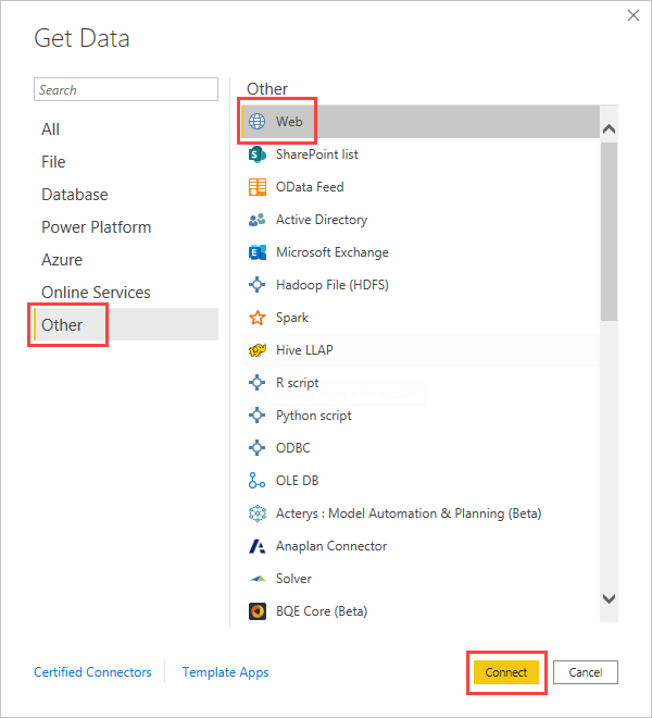 Screenshot of the Get data dialog box highlighting the option to connect to a Web data source.