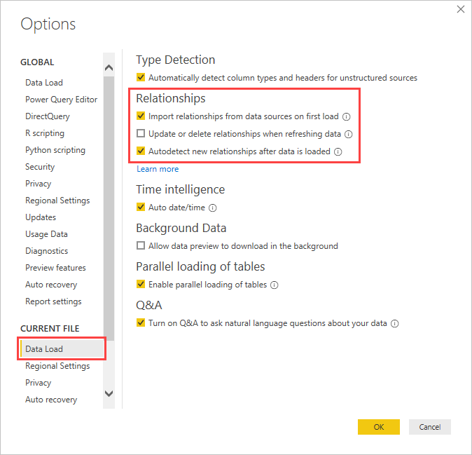 Captura de pantalla del cuadro Opciones que muestra la configuración de relaciones en la pestaña Carga de datos.