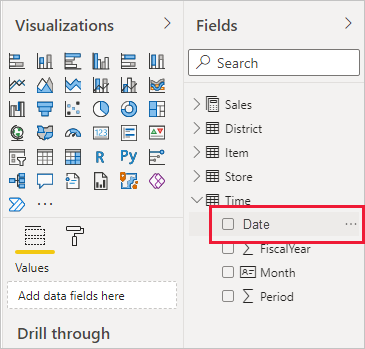 Captura de pantalla de Power BI Desktop que muestra el filtro Fecha en el panel Campos