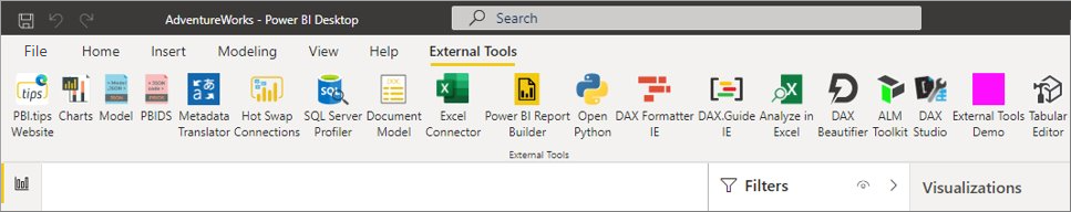 Captura de pantalla de la cinta de opciones de herramientas externas en Power BI Desktop.