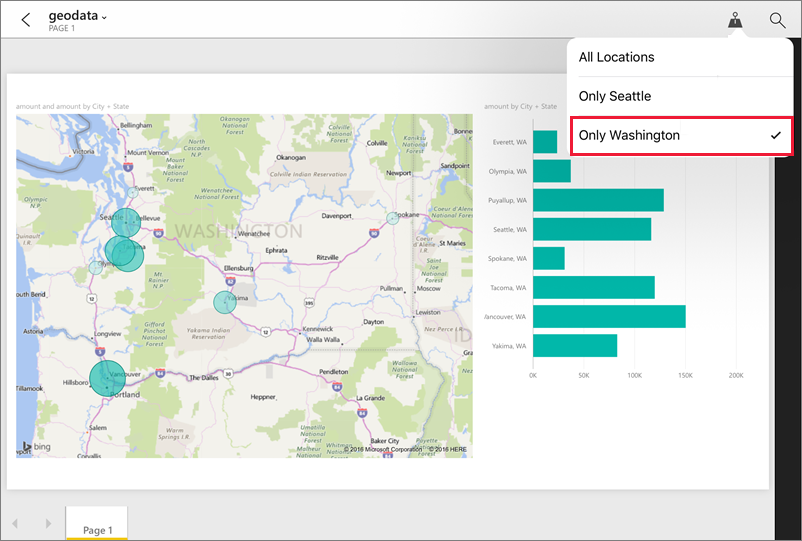 Captura de pantalla que muestra un informe en la aplicación Power BI con el filtro geográfico resaltado.