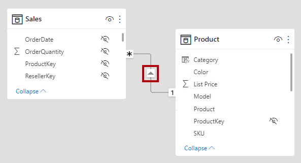 Captura de pantalla de dos tablas en el diagrama del modelo con la punta de flecha de filtro cruzado resaltada.