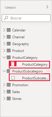 Captura de pantalla de columnas en la lista Campos