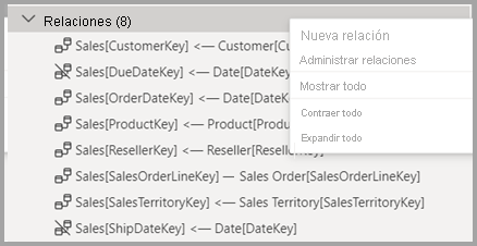 Captura de pantalla del área de relaciones en el Explorador de modelos.