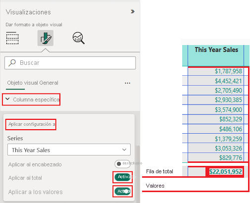 Captura de pantalla que muestra cómo establecer las opciones de Aplicar configuración para usar los cambios de formato en el encabezado de la columna, la fila total y todos los valores.