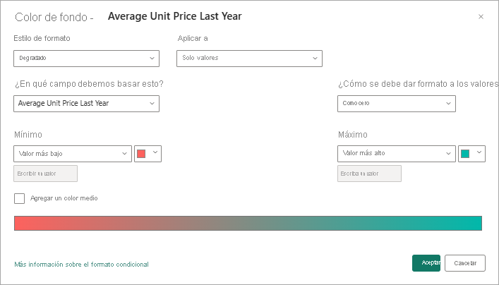 Captura de pantalla que muestra el cuadro de diálogo Color de fondo con el gradiente de color que abarca dos colores primarios, de rojo a verde.