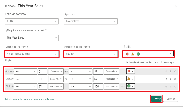 Captura de pantalla que muestra cómo configurar iconos para representar datos de una columna de tabla seleccionada.